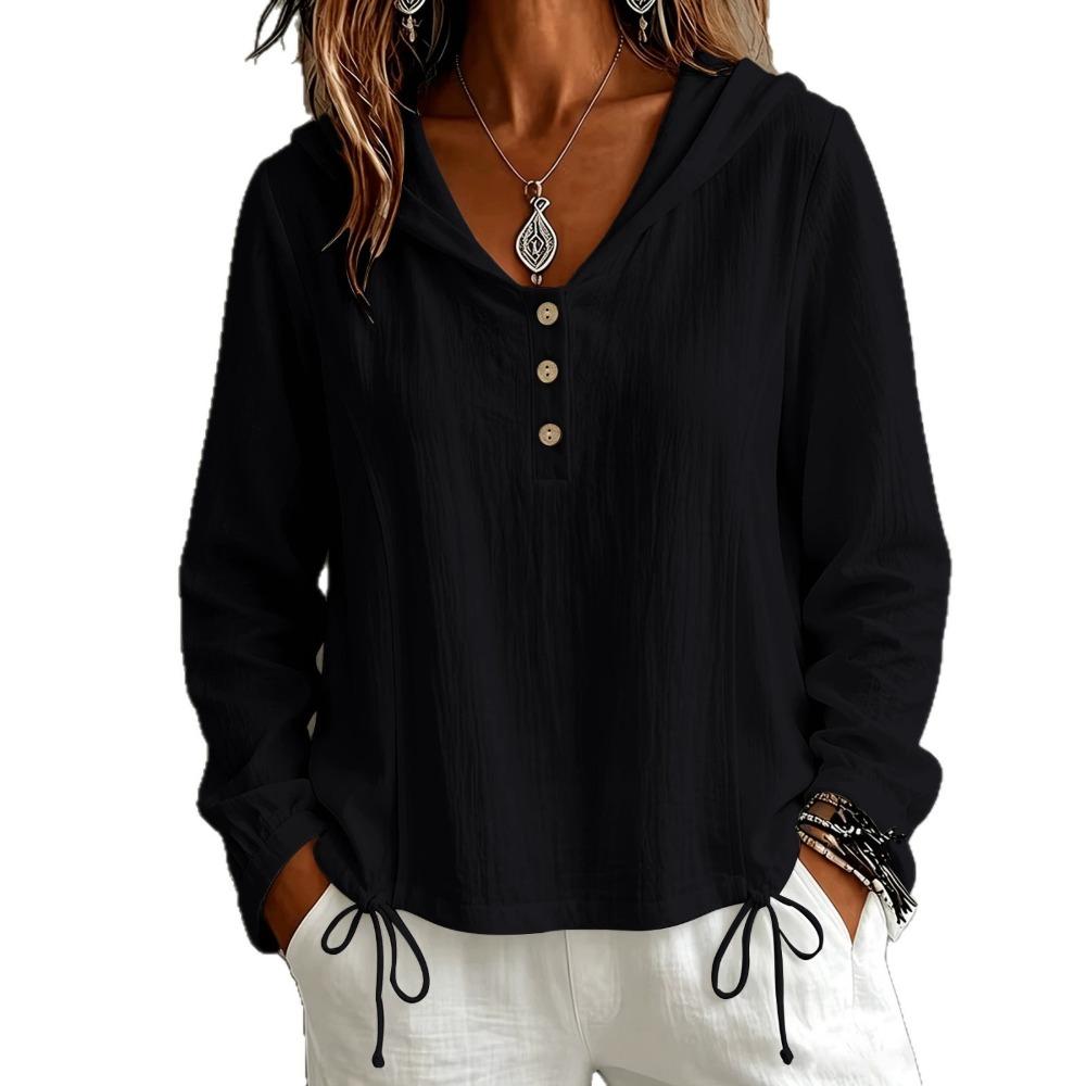 Herbst Winter Mode Lässig Einfarbig Knopf Kapuze Langarm Hemd Damen Oberteil Bluse