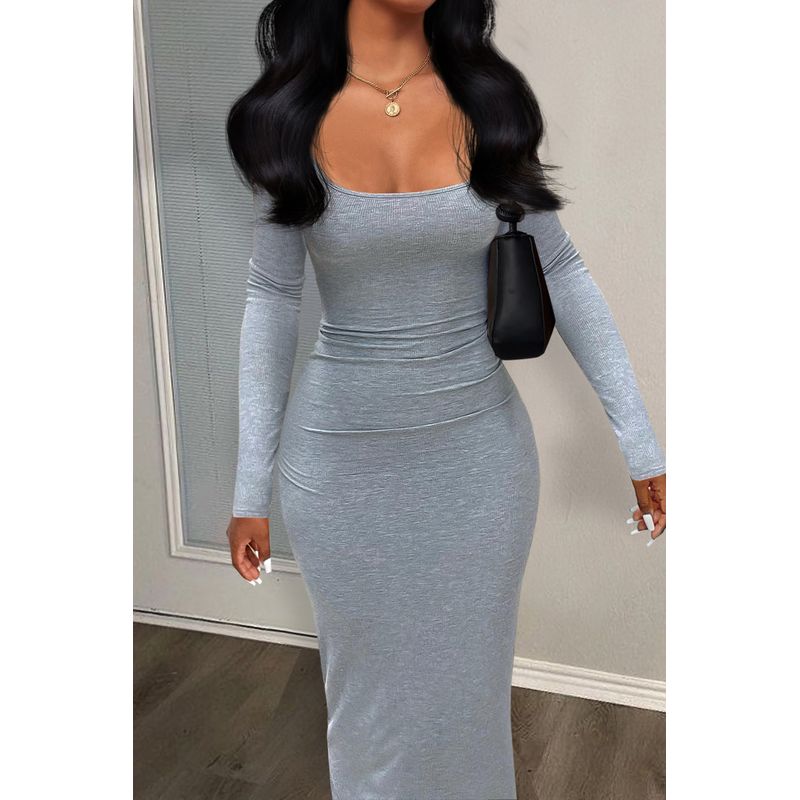 

Solid Color U-neck Long Sleeved Dress Pure Color U-Neck Long-Sleeved Sheath Dress Women Gray S