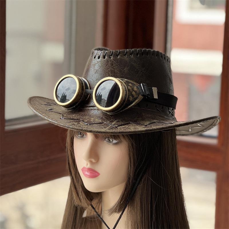 Vintage Western Cowboy Hat With Glasses Jazz Steampunk Heavy Metal Driver Goggles Cosplay Halloween Decorations for Adult Kids