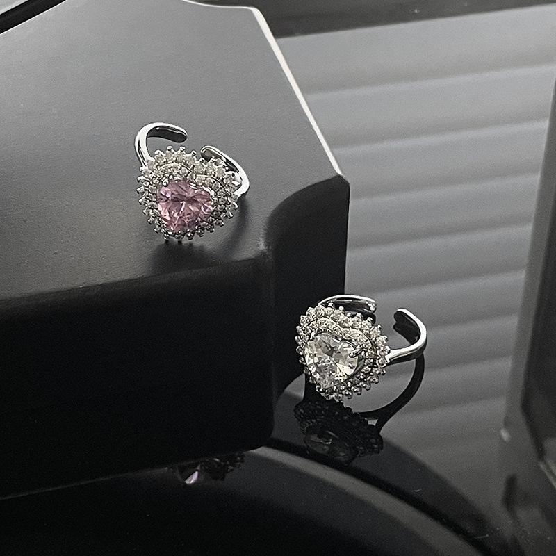 Love Diamond-Set Pink Zircon Colored Treasure Ring, Women'S Light Luxury High-End Sense Cold Wind Niche Design Open Ring