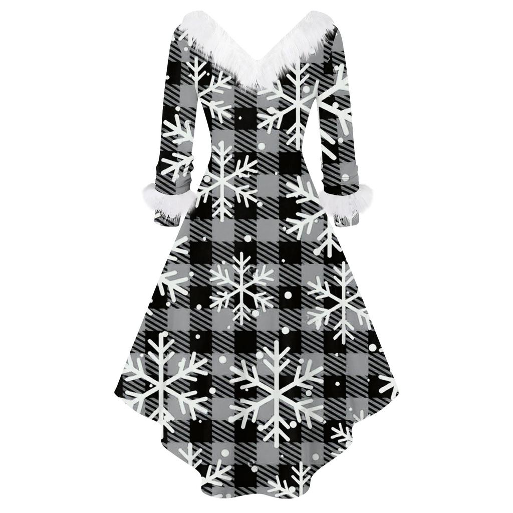Women's Fashion Casual V-Neck Christmas Print Long Sleeve Dress