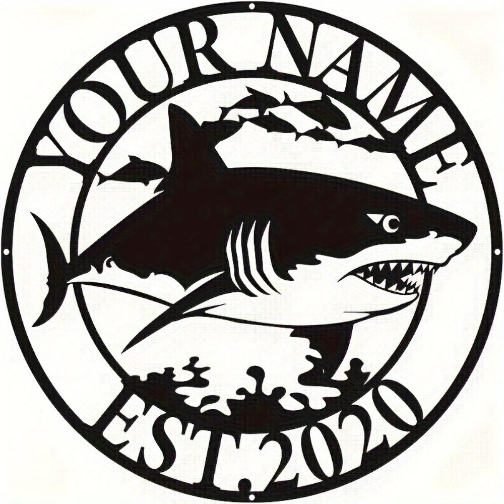 Shark Metal Wall Art Custom Name Sign Black Circle Home Decor Marine Design