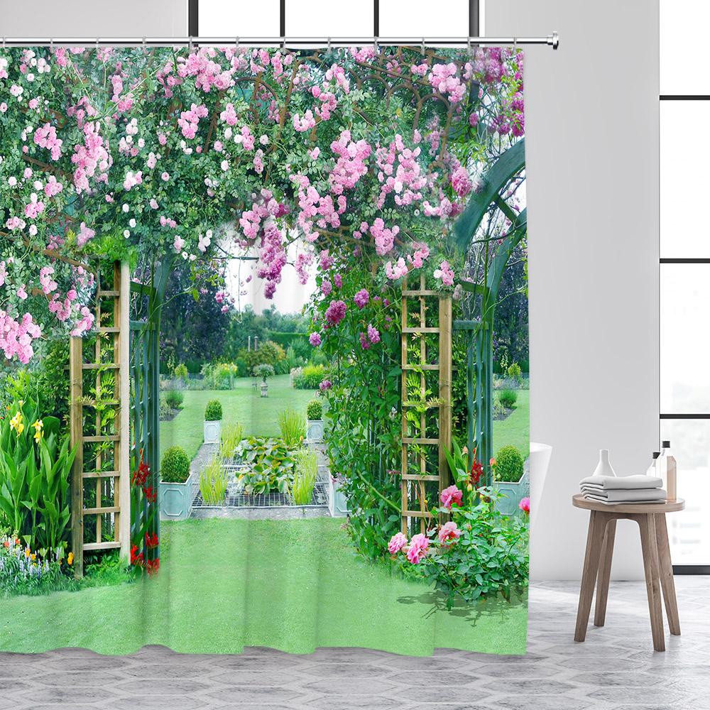 Rustic Fence Flowers Shower Curtains Pink Rose Floral Plant Garden Scenery Wall Hanging Fabric Bathroom Curtain Decor With Hooks