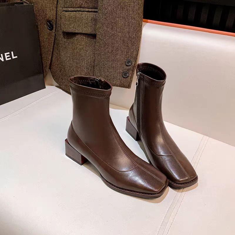 New Autumn Winter Versatile Boots Fangtou Outdoor Anti Slip Shoes Thick-heel Women's Elastic Boots Woman Shoes High Boot Botas