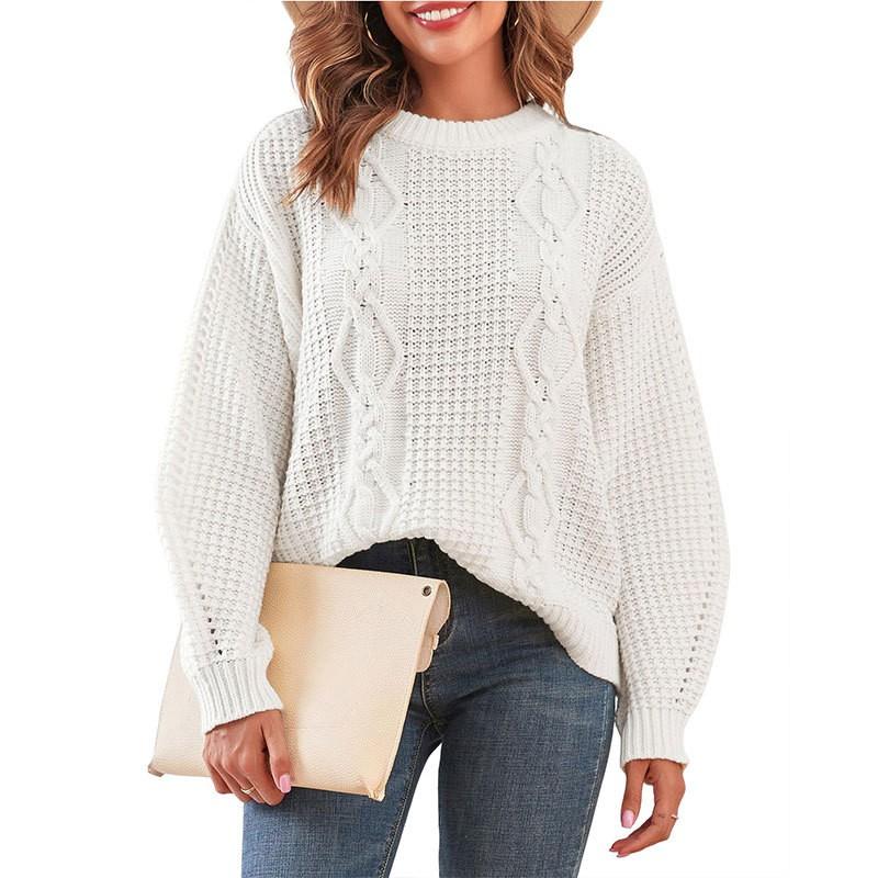 Womens Solid Color Crew Neck Knit Sweater With Cable Twist Detail Long Sleeve Casual Pullover Winter