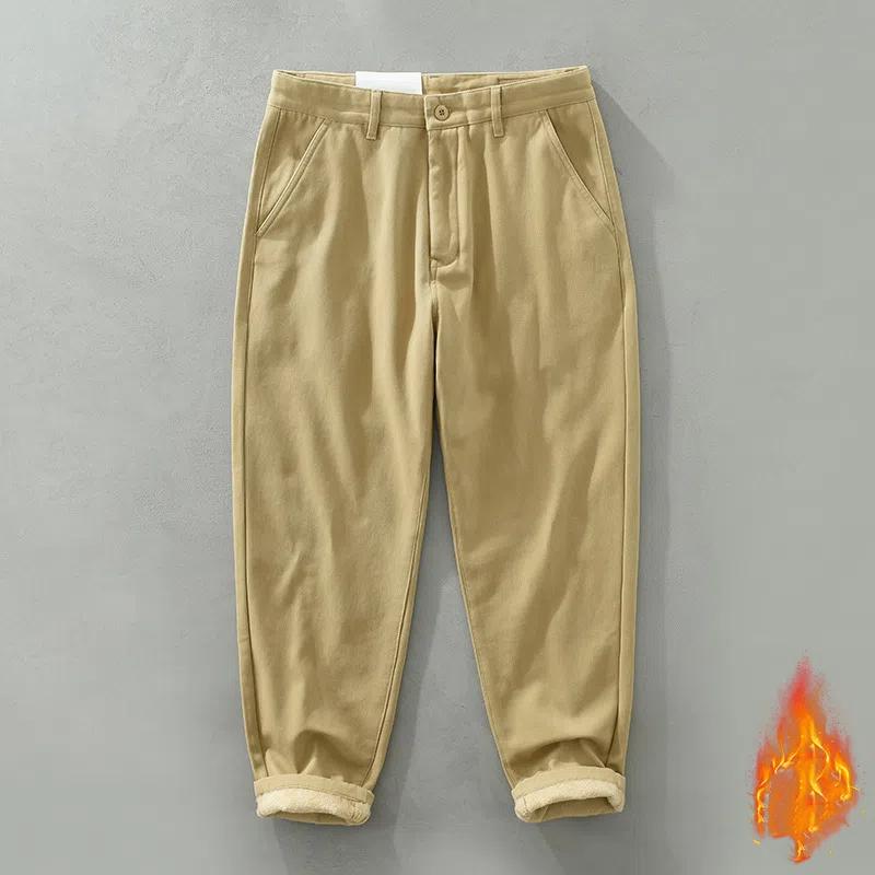 Winter Warm Pants Japanese Style Men's Pants Daily Casual Fleece Pants Straight Gray Pants Simple Thicken Men Trousers