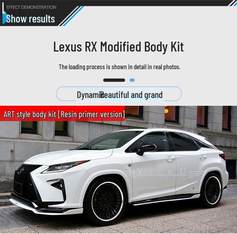 Compatible with 2016-2019 Lexus RX: Front/rear Lips, Side Skirts, Lower Lip, Resin Arches, ART Roof, Rear Wing, and Canards.