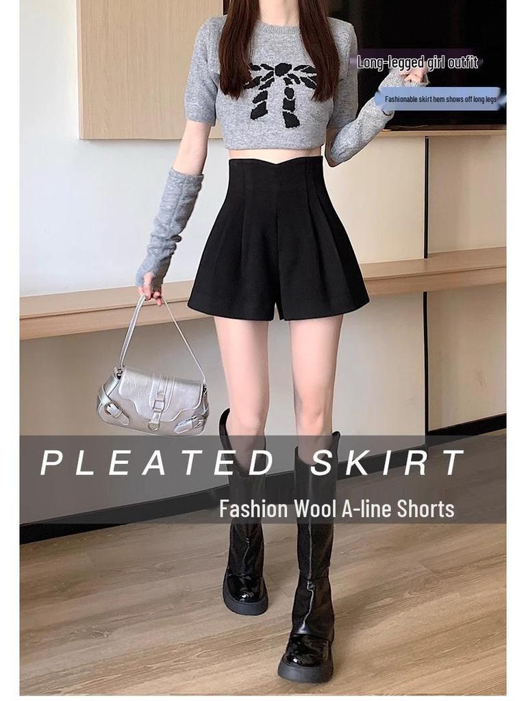 2024 Autumn/Winter High Waist Women's Woolen A-line Shorts - Slimming Wide Leg Booty Style