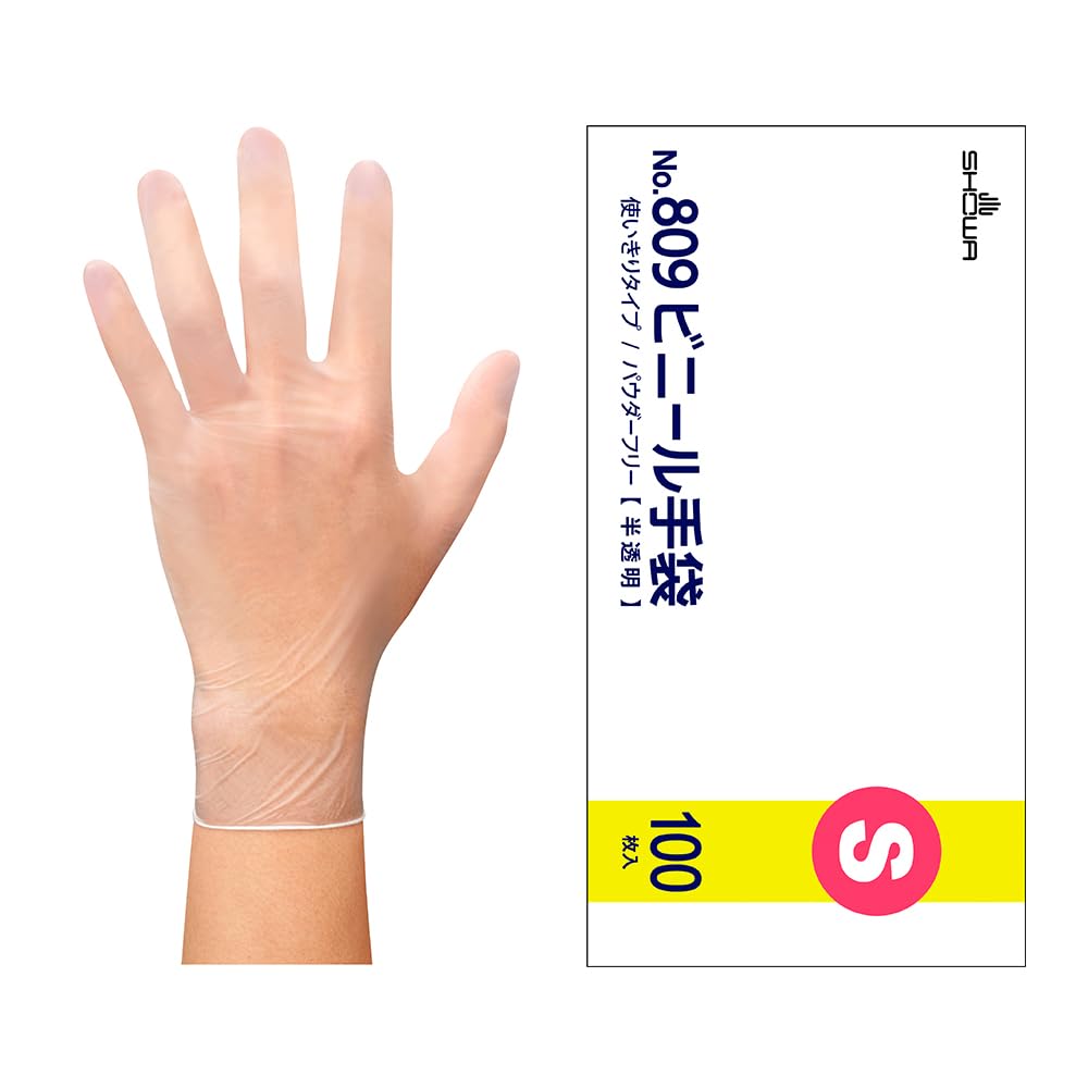 Showa Gloves of 809 Vinyl Size 100 Gloves per [Case 1,000] No. Gloves, S, Box, Semi-Transparent