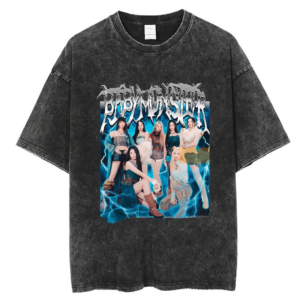 Babymonster Washed Vintage Tshirt Hello Monsters World Tour Graphic Tshirt Mens Korean Fashion Oversized Streetwear T Shirts