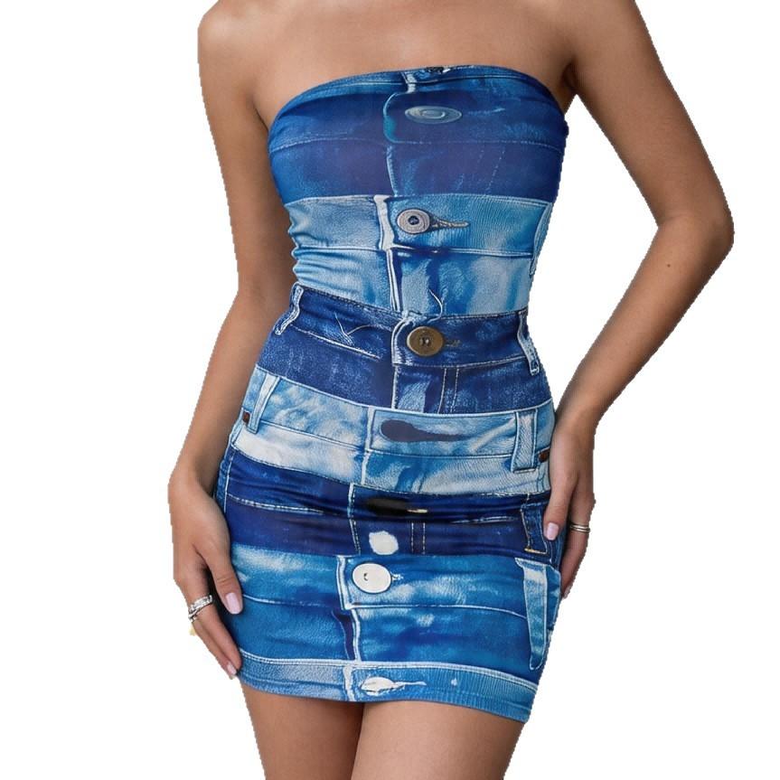 New European and American Denim Print Tube Top Women's Dress, Sexy Spice Girl Waist Short Skirt, Hot-selling Women