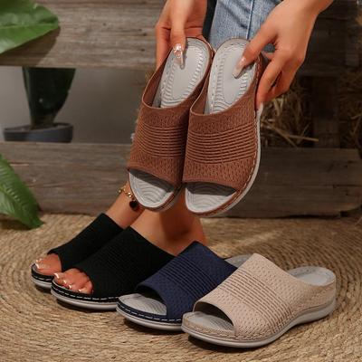 2025 Women's Wedge Heel Flyknit Slippers: European & American Casual Round Toe One-Strap Sandals for Spring