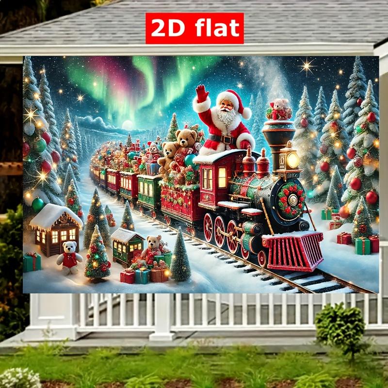 2D plane  1pc holiday Christmas train scene background - polyester party banner  Santa Claus  Christmas decoration