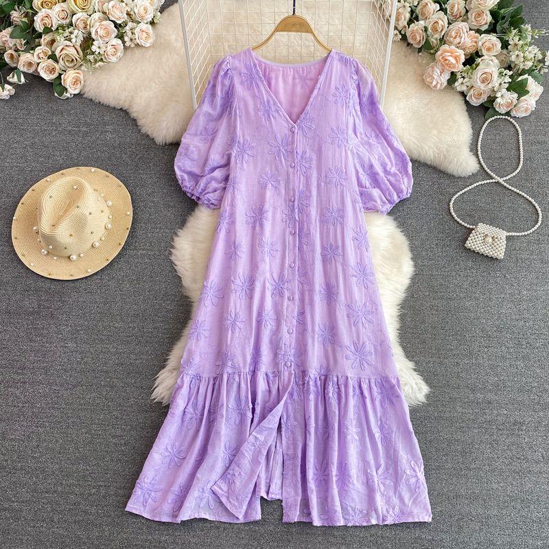 

First Date Tea Break Retro Bubble Single-Breasted A- line Dress Violet One size