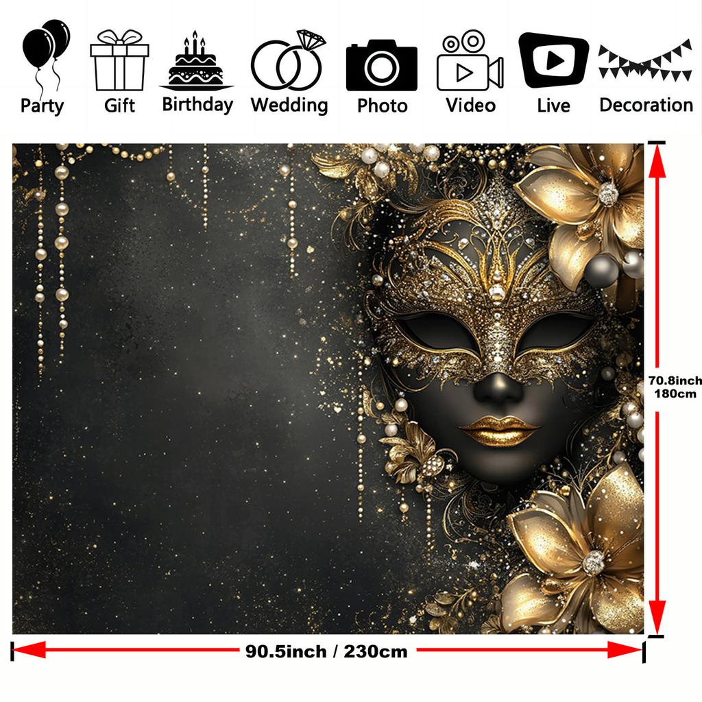 2D flat, elegant black and gold mask-themed party background - versatile for weddings, birthdays, and masquerade parties