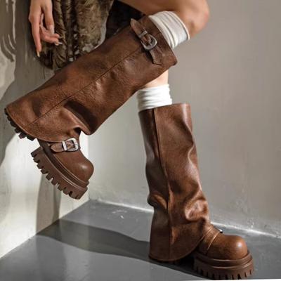 Γυναικεία Παπούτσια Slip-on Γυναικείες Μπότες Μόδα Αγκράφα Ζώνης Μοντέρνες Μπότες Γυναικείες Χειμερινές Στρογγυλή Μύτη Πλατφόρμα Μπότες Μέχρι το Γόνατο