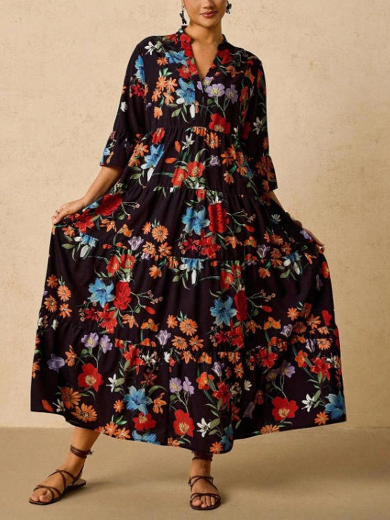 Plus Size Bohemian V-neck Long Dress - Spring/Summer European American Ethnic Style
