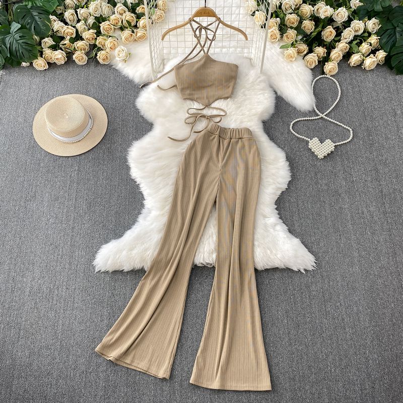 

Стиль Чистого Желания Сексуальный Короткий Топ-Жилет с Подкладкой на Груди на Завязках и с Вырезом на Шее + Узкие Расклешенные Брюки с Высокой Посадкой Комплект из Двух Предметов Light Brown Two-piece set One size