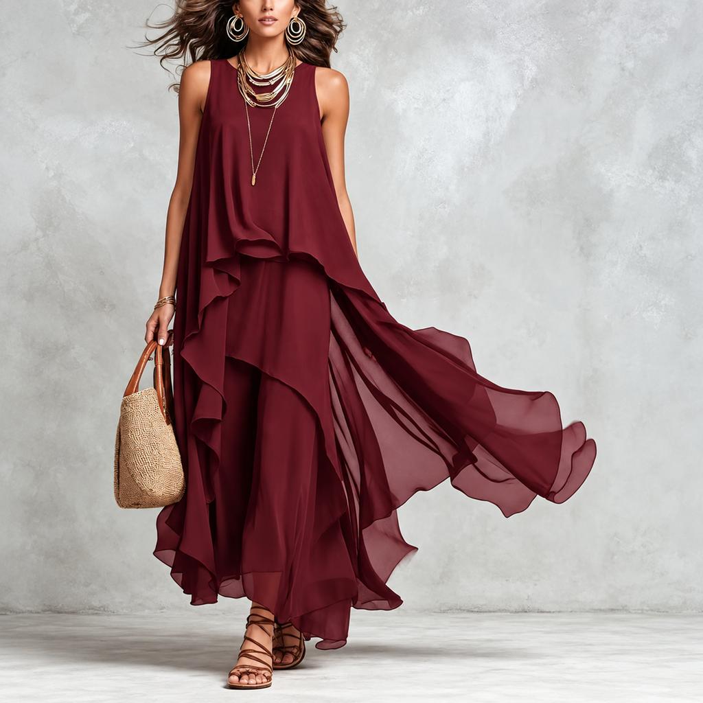 Abito Maxi da Donna Nero Senza Maniche con Orlo Asimmetrico in Chiffon Abito Lungo Svolazzante