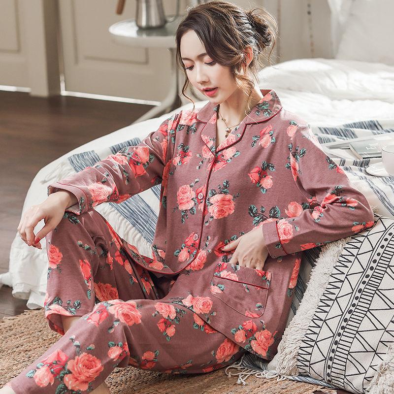 Pajamas women's spring and autumn 100% pure cotton long-sleeved women's winter Korean version can be worn outside cotton women's plus size loungewear