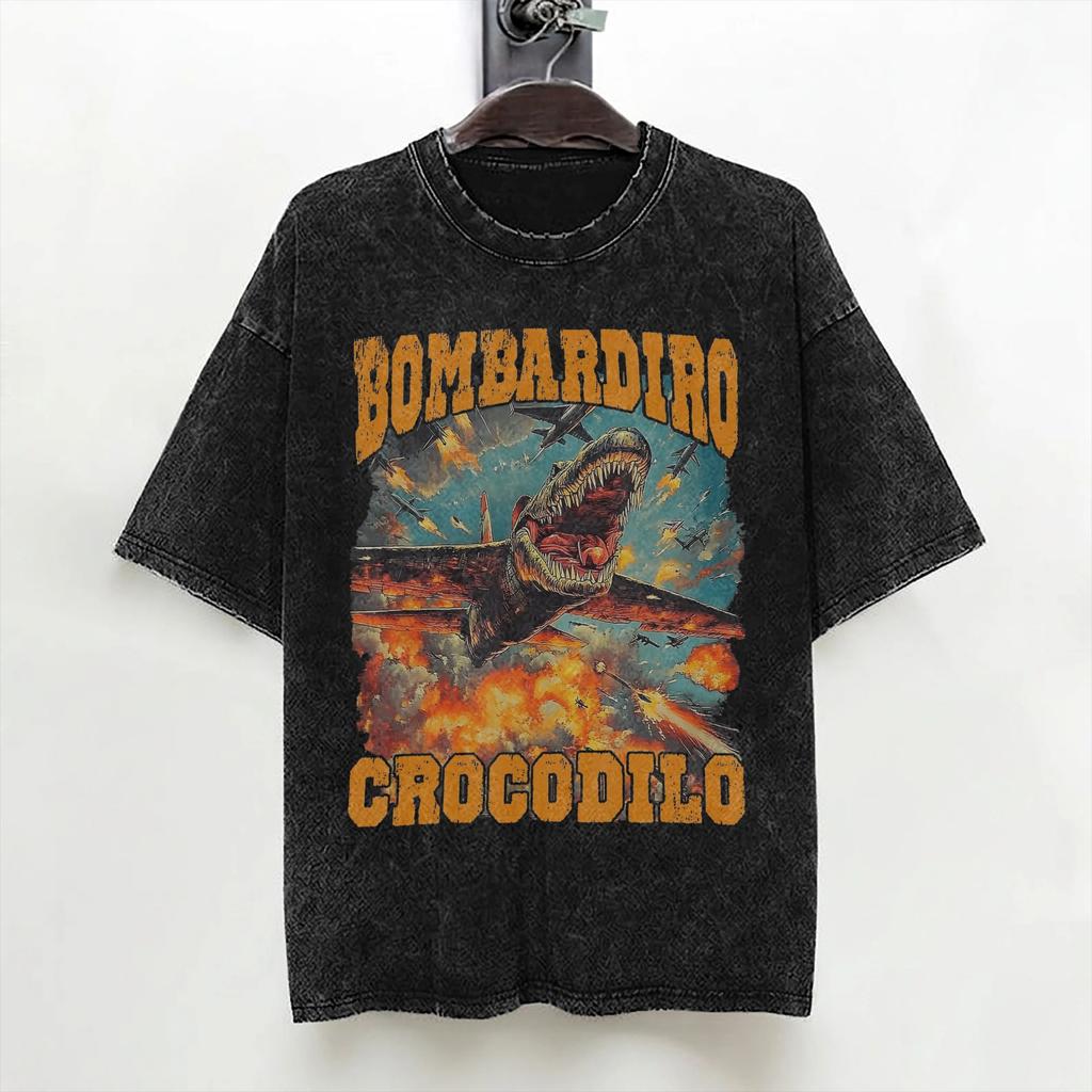 Bombardino Crocodilo Italian Brainrot Washed T Shirt Streetwear Hip Hop Casual Tshirt  Tees Men Women Short Sleeve Oversize