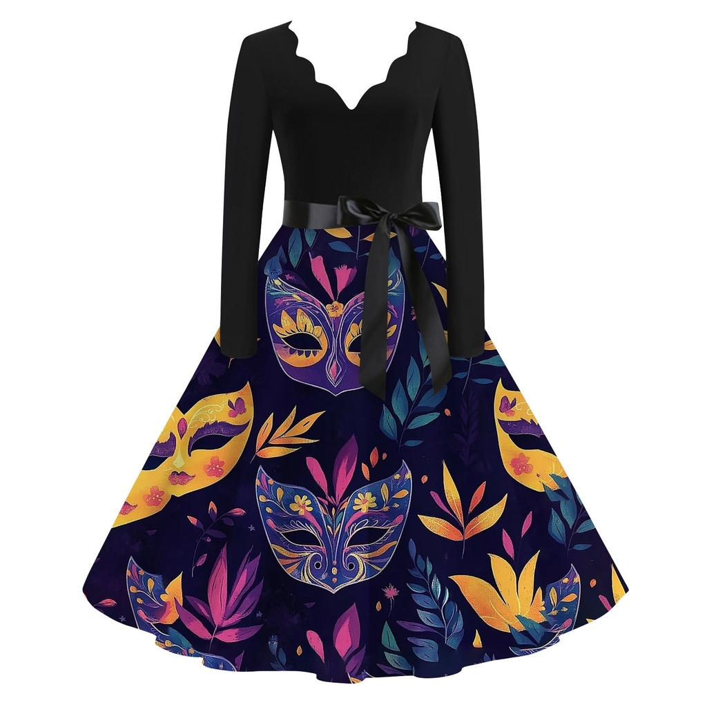 Women's Casual Fashion V-Neck Long Sleeve Carnival Print Vintage  Dress