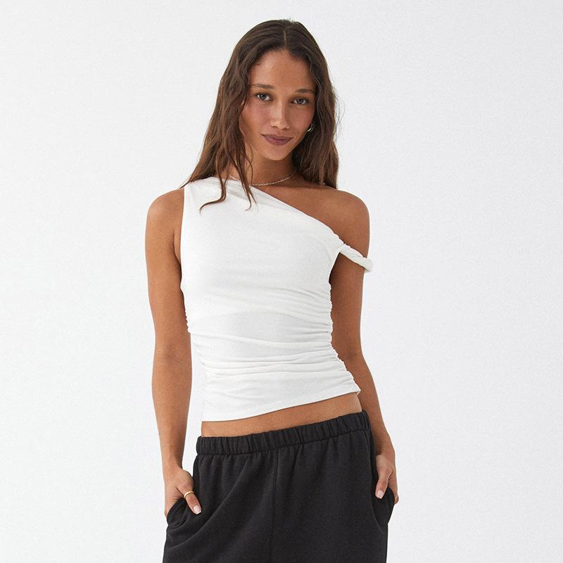 Simple Basic Casual Summer Tank Top Sleeveless Solid Color Off Shoulder Side Ruched Crop Tops Vestidos Spring Women
