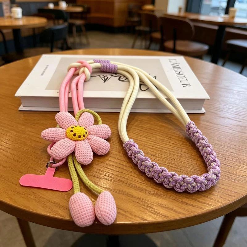 1Pcs Cute Flower Decor Adjustable Phone Lanyard Durable Braided Strap For Daily Outing Shopping Travel Anti Lost Accessory