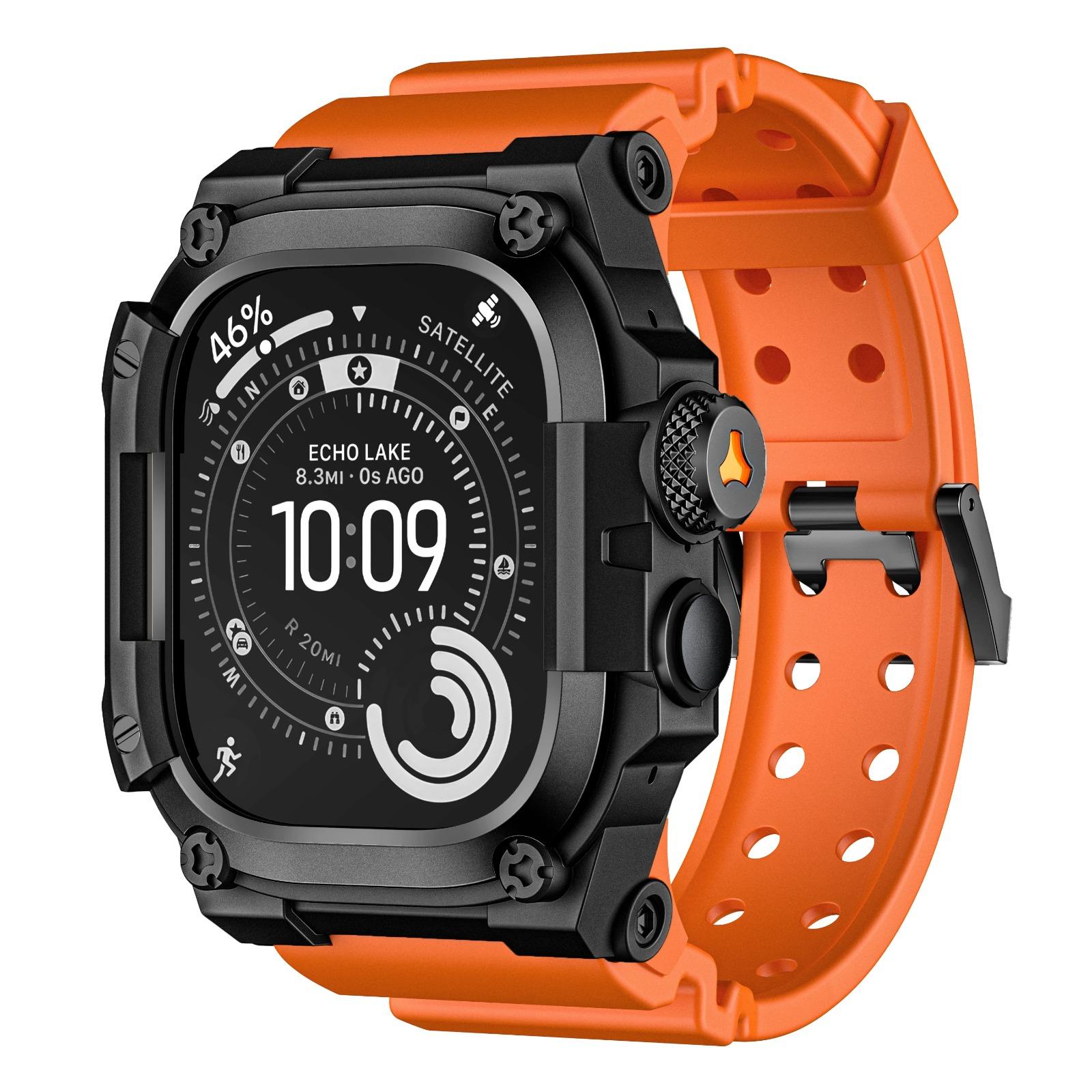 

Rugged Integration Band with Case for Apple Watch Ultra 3/2/1 49mm Sport Silicone Strap with Metal Bumper Cover for iWatch Ultra Ultra 1/2/3 49mm чорний/помаранчевий