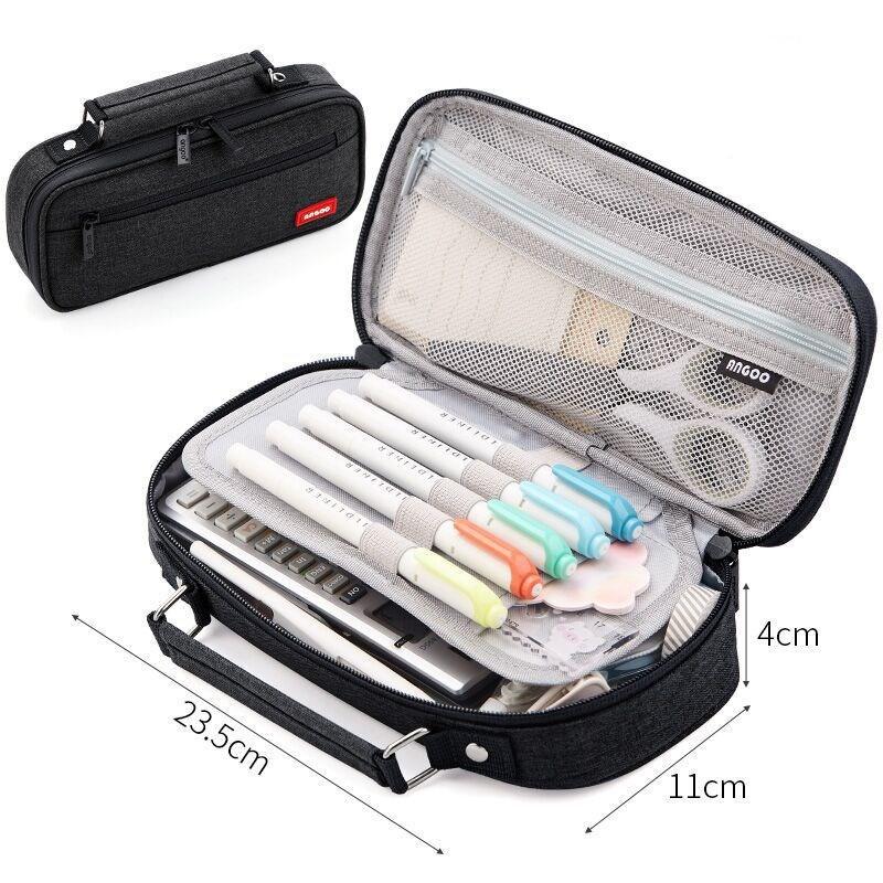 Portable Canvas Pencil Bag Student School Supplies Storage Bag Large Capacity Stationery Bag with Pen Holder Grid Belt Pen Case