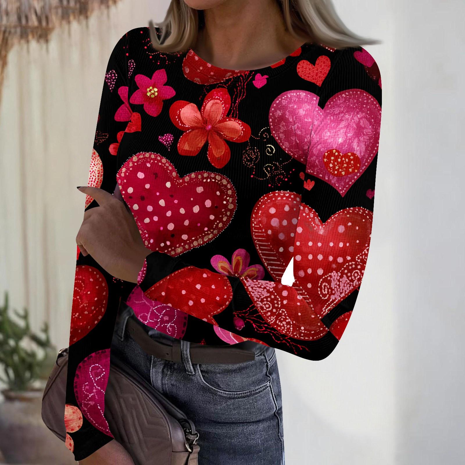 

Women s Casual And Fashionable Round-neck Long-sleeved Ribbed Top With Valentine s Day Print. XL винний