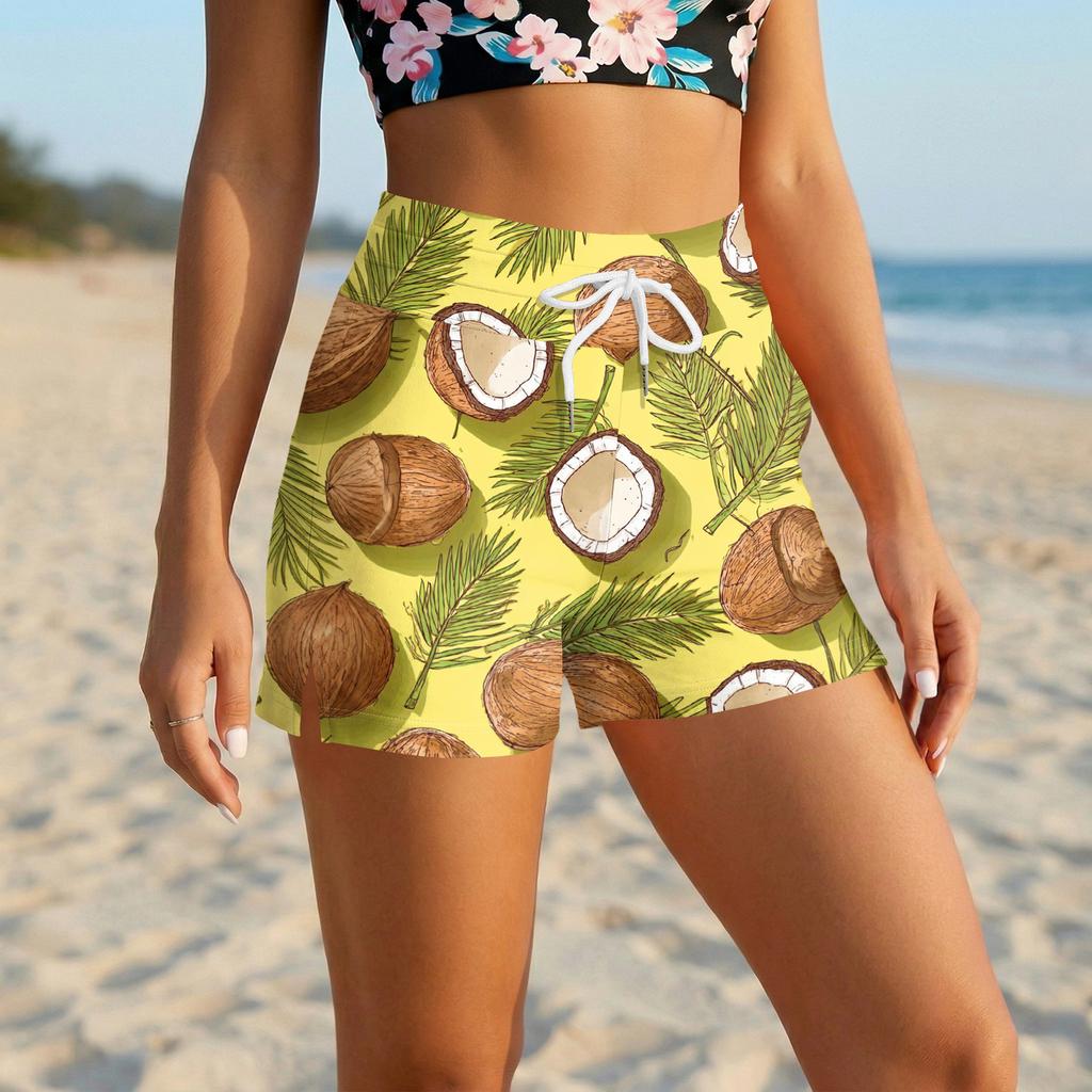 Womens Drawstring Waist Tropical Print Shorts with Elastic Lightweight Casual Loose Fit Summer Beachwear for Daily Use