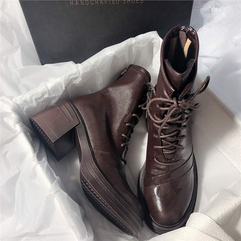~ Thick-soled thick-heeled lace-up elastic boots round head temperament leather rear zipper short thin Martin boots