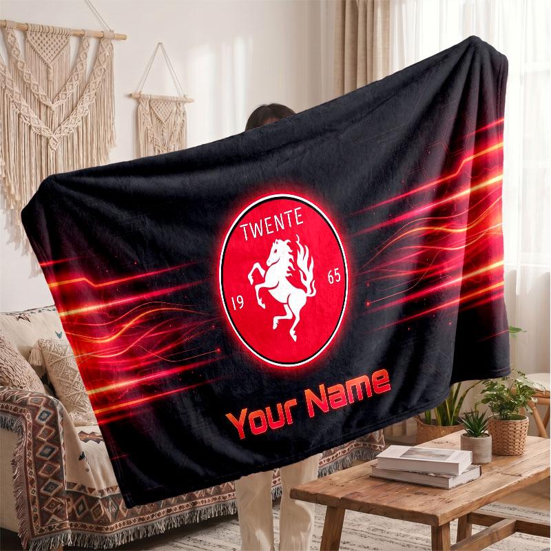 FC Twente Personalized Fleece Blanket With Football Logo, Custom Name Text Soft Warm Home Throw Blanket