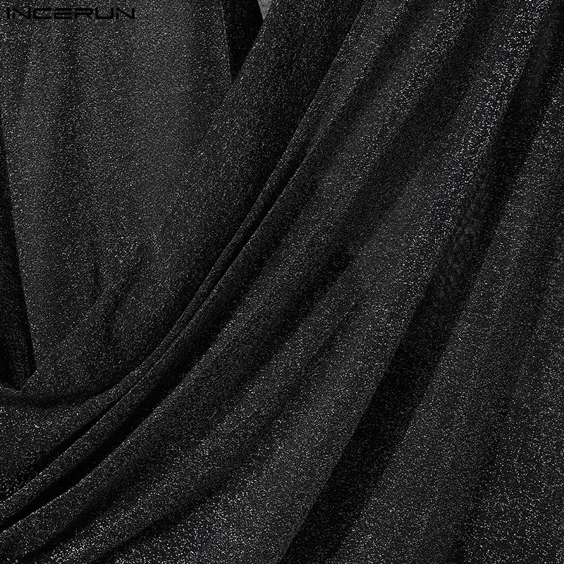 INCERUN Men V Neck Long Sleeve Glitter Front Cross See Through Tops T-shirts