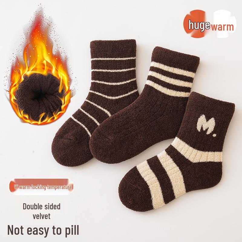 Sada 3 ks - Dětské zesílené ponožky z coral fleecu proti žmolkování pro podzim/zimu, střední výška lýtka, unisex pro chlapce a dívky