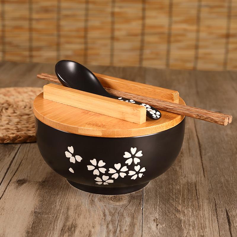 Ceramic Japanese Style Rice Noodle Bowl with Lid Spoon Chopstick Kitchen Tableware Salad Soup Bowl Food Kitchen Accessories Gift