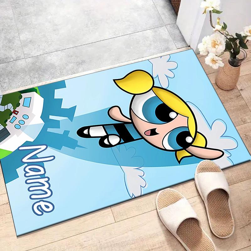 Benutzerdefinierte The Powerpuff Girls Matte mit personalisiertem Namen, waschbarer Polyester-Eingangsbereich-Teppich für den Innenbereich, Geschenk für Weihnachten, Ostern, Thanksgiving
