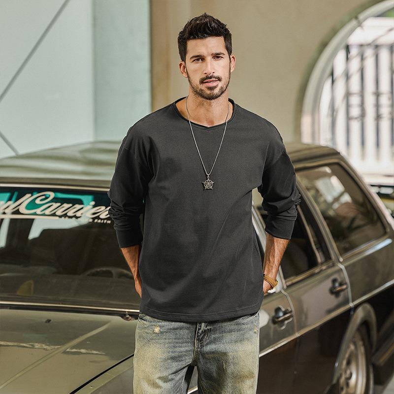 Men 100 Cotton Loose Long Sleeve Round Neck Casual Solid Vintage T Shirt