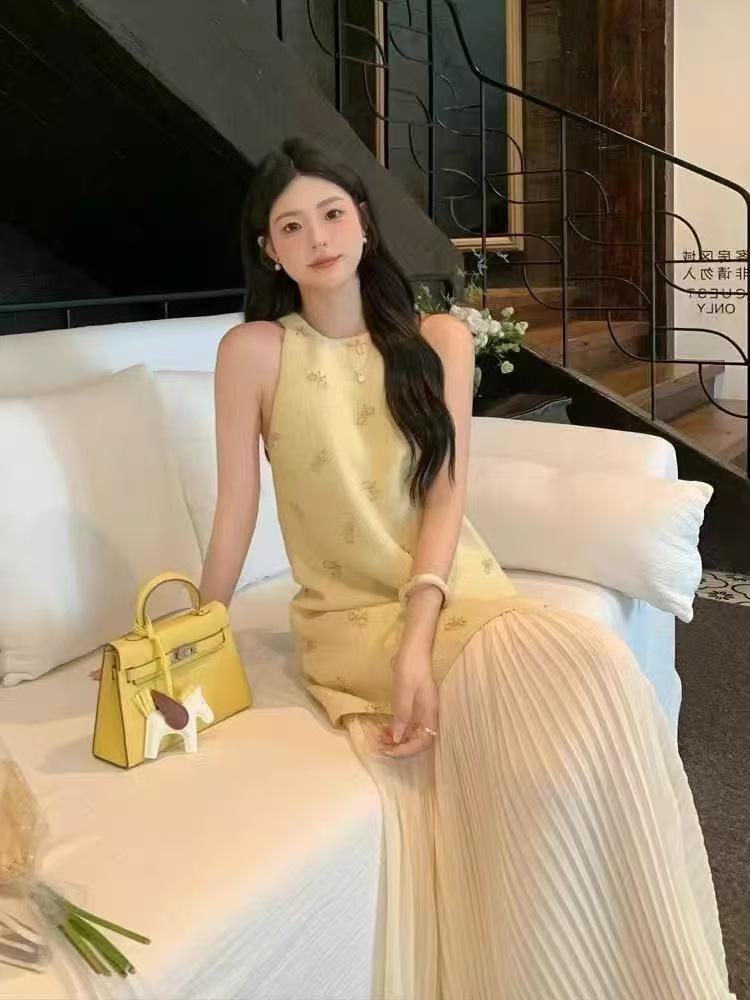 French Fake Two-piece Small Fragrant Dress for Women's Summer Light Luxury Seaside Vacation Temperament Long Dress To the Ankle