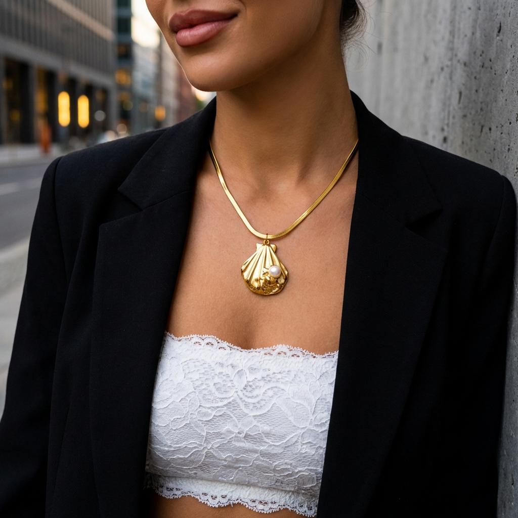 Edelstahl Vergoldte Muschel Anhänger Halskette Für Damen Exquisite Imitation Perlmutt Muschel Schlangenketten Choker Meeres Schmuck