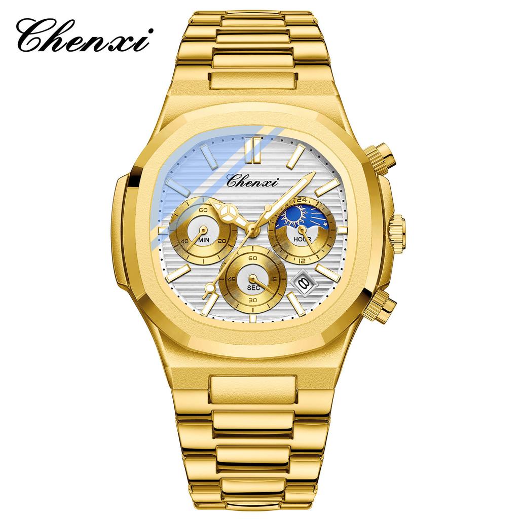 2025 Luxury Watch Men Business Fashion Waterproof Stainless Steel Chronograph Moon Phase Quartz Wristwatch Male Clock