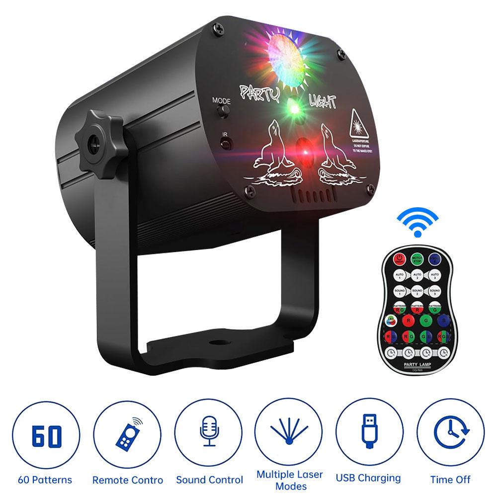 60 patterns Mini DJ Disco Light Party Stage Lighting Effect Voice Control USB Laser Projector Strobe Lamp for Home Dance Floor