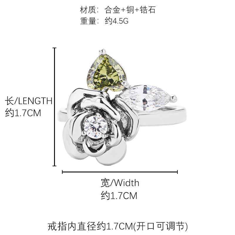 Small fresh rose ring ins wind olive green love zircon index finger ring niche open ring wholesale