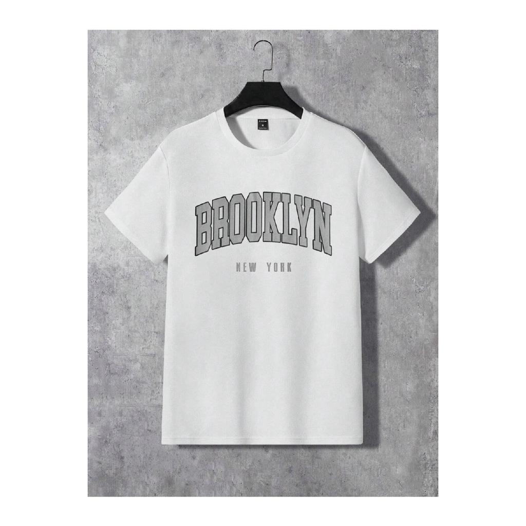Brooklyn New York White T-shirt Gray Shorts - T-shirt With Shorts Top And Bottom Set Printed Crew Neck