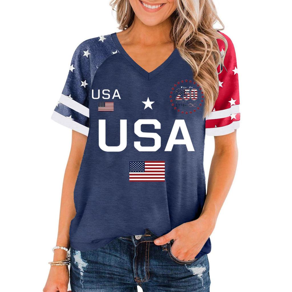 Damen Lässiger V-Ausschnitt Kurzarm Pullover Oberteil USA-Flagge Grafikdruck Leichter Weicher Stoff Lockere Passform T-Shirt
