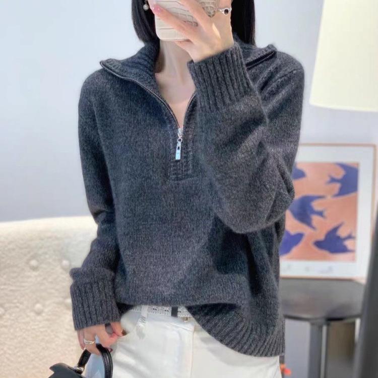 Women's Retro Half-Zip Pure Wool Lapel Sweater - Loose Knit Lazy Style, Autumn/Winter Collection