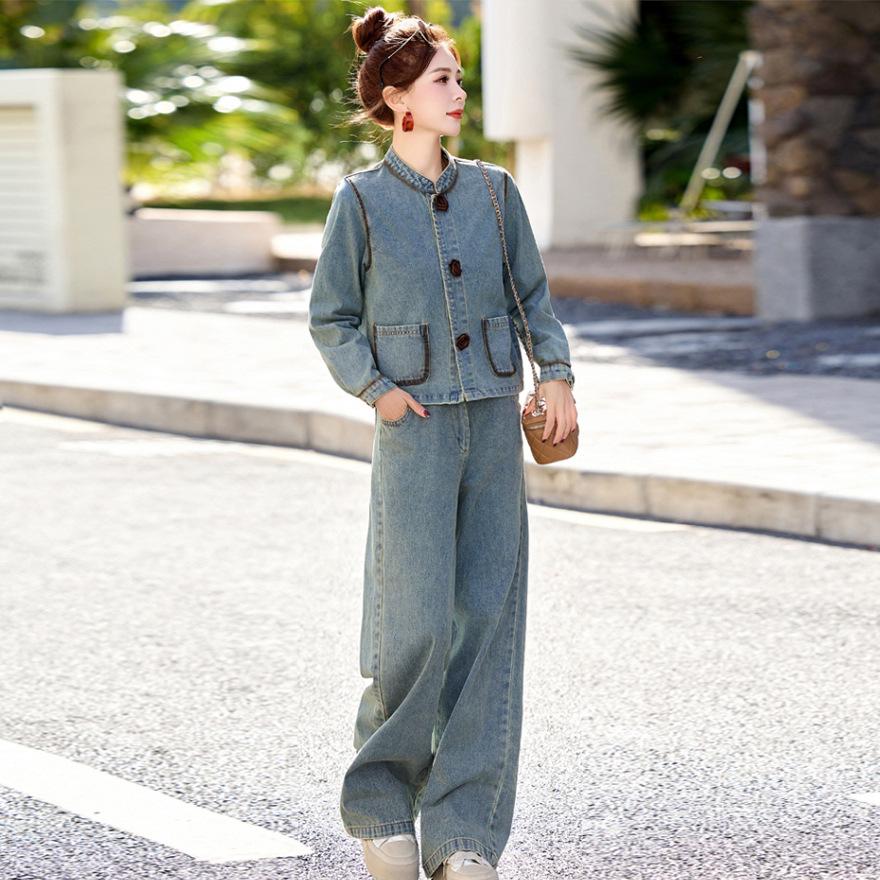 

Повседневный модный ретро джинсовый костюм женский весенний новый дизайн чувство возраста уменьшающий широкие брюки комплект из двух предметов L