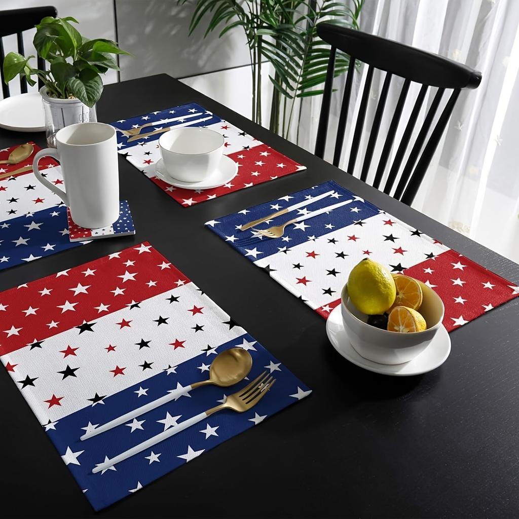 1pcs, Linen Fourth of July Place Mats Set in Red White and Blue with Summer Theme for Independence Day Party Decoration