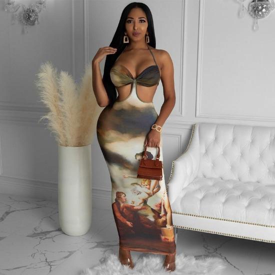 

Женская одежда из Европы и США. Новые продукты2023. Платье с бретелькой на шее, жилет с полой талией и принтом.